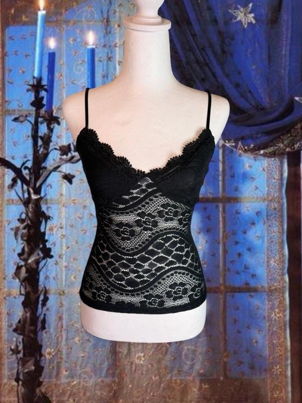 Vintage Y2K Deadstock Black Fairycore Coquette Lacey Cami Top